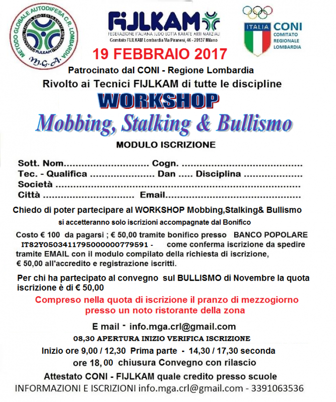 WORKSHOP - MOBBING-STALKING & BULLISMO - GRUPPO DI STUDIO MGA LOMBARDIA
