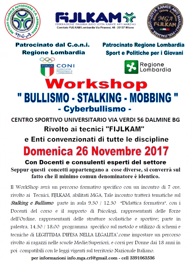 WORKSHOP - BULLISMO, STALKING, MOBBING - GRUPPO DI STUDIO MGA LOMBARDIA